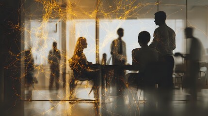 Silhouettes of business professionals in modern office with golden light overlay creating atmospheric corporate environment for teamwork and collaboration.