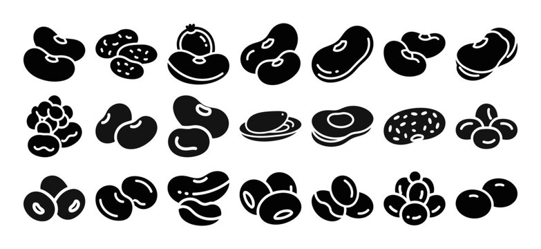 Solid filled icon set featuring various bean types including navy lima pinto fava mung and adzuki beans for diverse culinary and agricultural applications