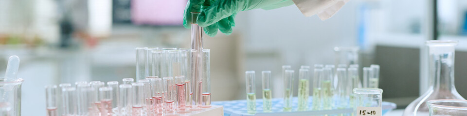 Website banner of hand wearing protective glove handling test tube with liquid in laboratory, conducting medical experiment with multiple glass tubes