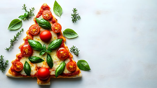 creative pizza christmas tree with basil leaves and tomatoes lying on the side, on an empty white background, top view