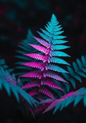 Vibrant fern fronds in neon shades illuminate a dark background setting
