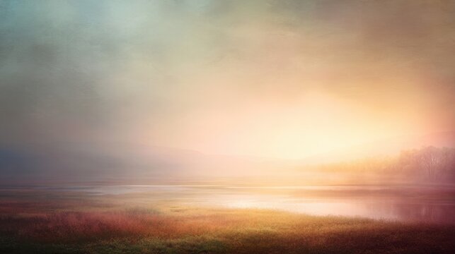 Tranquil Sunrise Over Misty Marshland with Soft Pastel Colors and Reflective Water Surface in Serene Natural Environment