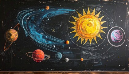 A captivating chalk drawing illustrating the dynamic solar system, featuring the brilliant sun and its diverse planets revolving in celestial orbits on a dark background
