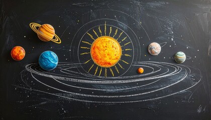 Educational chalk drawing of our solar system on a black chalkboard, illustrating the radiant Sun and its orbiting planets in a vibrant astronomical display for learning and discovery