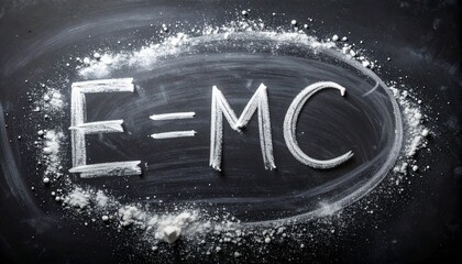 The iconic E=MC² mass-energy equivalence formula, elegantly drawn in white chalk on a dark blackboard, representing profound scientific discovery and fundamental physics concepts