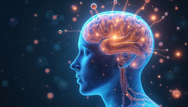 3D human head features glowing active brain with vital energy. Neural connections illuminate thoughts, cognitive processes, intelligence, calm mind. Image conveys mental health, well-being, smart