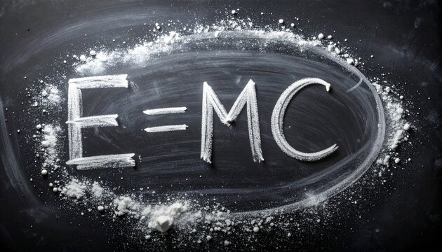 The iconic E=MC² mass-energy equivalence formula, elegantly drawn in white chalk on a dark blackboard, representing profound scientific discovery and fundamental physics concepts