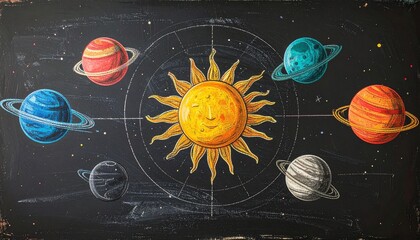Colorful chalk drawing of the solar system, featuring a bright sun and planets orbiting, all on a dark, textured background with celestial markings