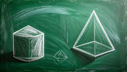 Chalkboard art depicting precise geometric solids, a hexagonal prism and pyramid, meticulously drawn for educational mathematics concepts