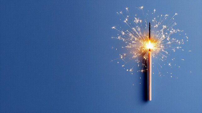 A single sparkler is lit against a solid blue background, with its bright sparks radiating outwards in a starburst pattern. The sparkler itself is a thin stick