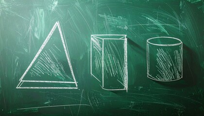 Fundamental geometric solids like pyramid, prism, and cylinder meticulously drawn with white chalk on a traditional green chalkboard, illustrating core mathematical and educational principles