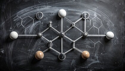 Academic depiction of a complex three-dimensional molecular structure, artfully chalk-drawn on a dark blackboard, symbolizing advanced chemical bonding and scientific research