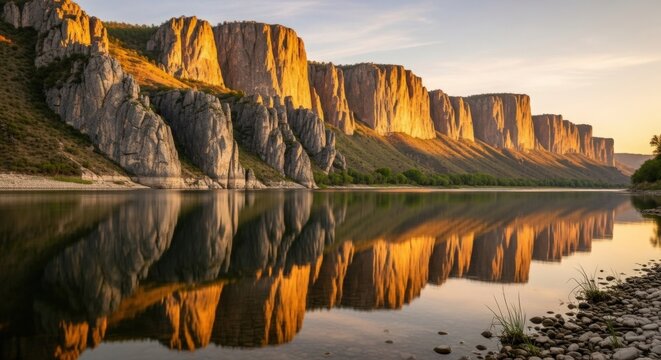 Stunning golden light on cliffside reflecting in calm river creates serene and peaceful feeling