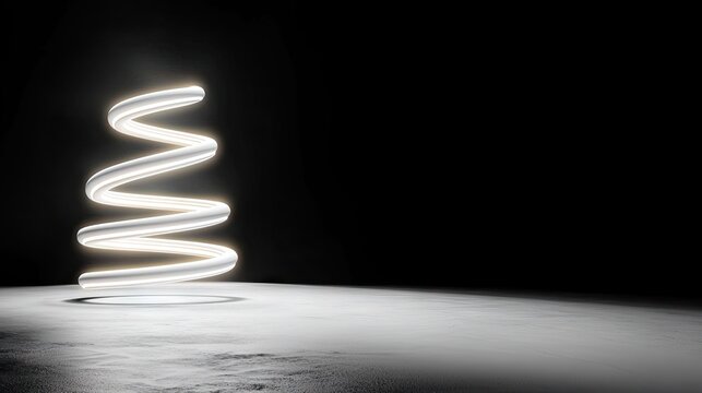 A bright, white, coiled neon light sculpture resembling a spring or DNA helix, positioned on a textured concrete floor in a dark, minimalist studio environment. - Powered by Adobe
