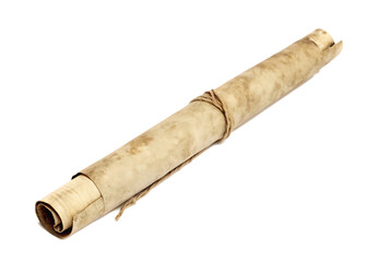 Ancient rolled parchment scroll tied with string isolated on white background