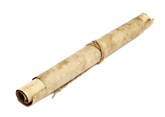 Ancient rolled parchment scroll tied with string isolated on white background