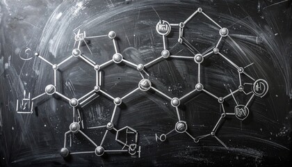 Intricate metallic-look chemical bond structure rendered on a dark, textured blackboard background, symbolizing scientific research and complex molecular biology