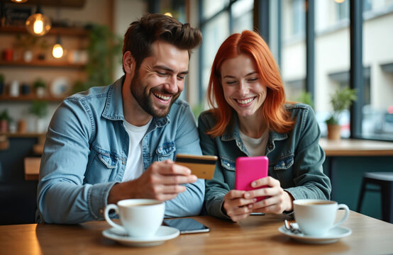 Young smiling couple uses mobile phone, credit card for online shopping in modern cafe. Man holds card, woman holds smartphone, laughing. Enjoy coffee, make digital payment, happy together. Lifestyle