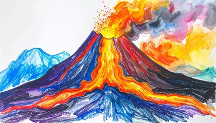 Vibrant child-like crayon drawing depicting a powerful volcano eruption with flowing lava and colorful smoke plumes, showcasing a waxy texture and energetic artistic expression