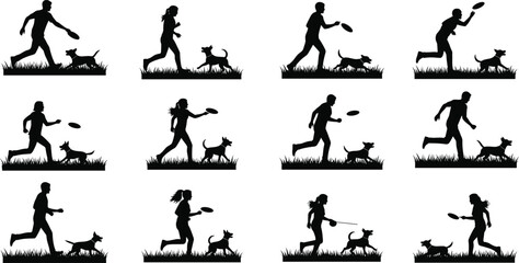 Dog and human silhouettes, running walking playing frisbee, pet training bonding, outdoor activity lifestyle, companionship exercise, animal care interaction, flat vector