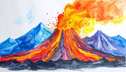 Abstract watercolor painting of a dramatic volcanic eruption, illustrating fiery molten lava flowing down the mountain with vibrant smoke and ash clouds in the sky