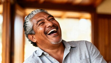 Portrait of a laughing mature Hispanic man with gray hair. Happy middle-aged male smiling broadly indoors. Joy and retirement lifestyle concept