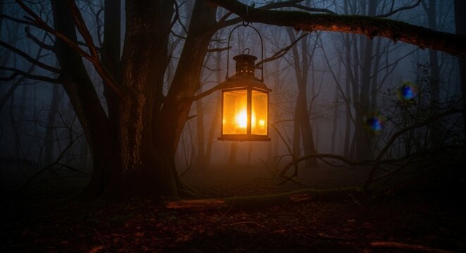 Eerie glow of vintage lantern illuminating misty forest night for Halloween or fantasy storytelling - Powered by Adobe