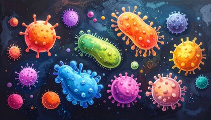 Colorful blob-shaped germs, bacteria, and viruses illustrated with soft pastels and grainy texture, dynamically populating a dark microscopic world