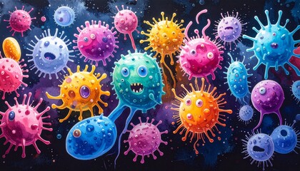 Vibrant, whimsical microscopic world illustration. Colorful blob-shaped bacteria and viruses with soft pastel, grainy textures against a dark abstract background
