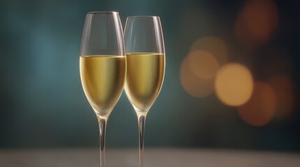 Two elegant champagne flutes filled with sparkling golden drink set against a blurred background, perfect for celebrations and special occasions in stylish decor