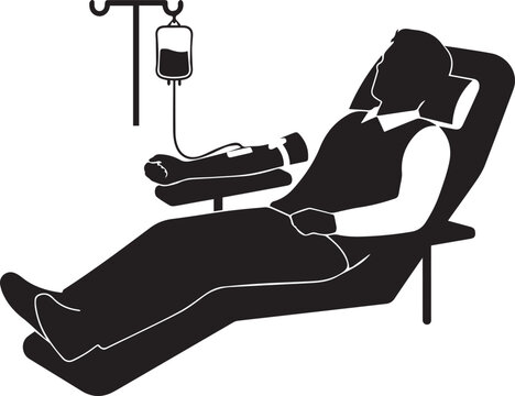 Silhouette of person donating blood in a chair with iv drip bag and equipment