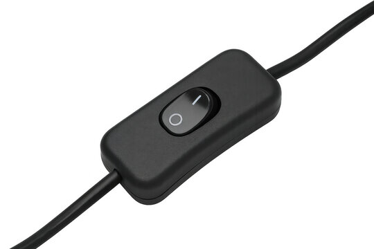 Black inline cord switch for electrical power control on an appliance cable, showing the off position with transparent background