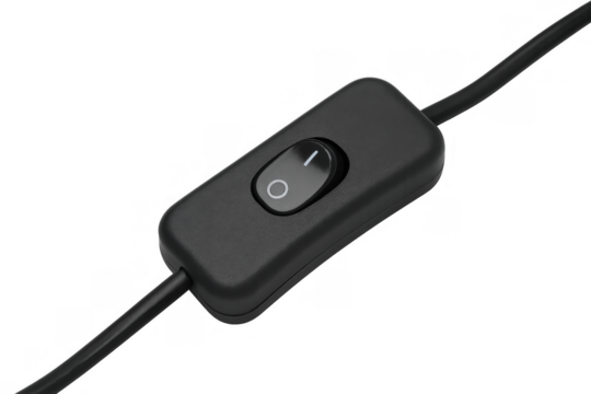 Black inline cord switch for electrical power control on an appliance cable, showing the off position with transparent background