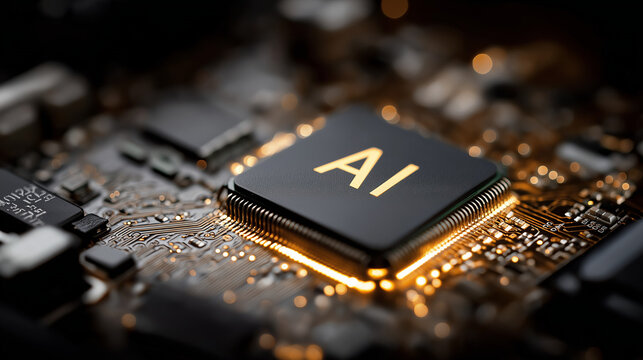 Artificial intelligence circuit board close-up: A close-up view of a high-tech circuit board with the inscription AI, glowing with a vibrant aura.