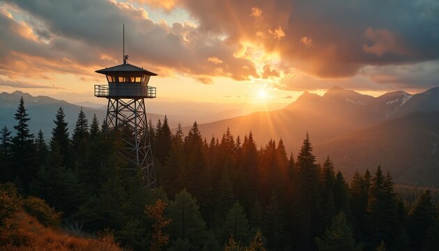 Fire lookout tower in forest. Tower stands amidst trees. Mountains in background. Sun sets behind clouds. Nature scenery with tall trees and hills.