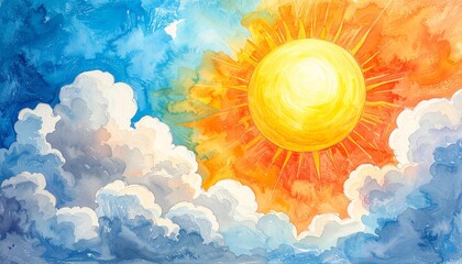 Vibrant watercolor painting capturing a luminous sun in a radiant sky, contrasting with soft, fluffy clouds, evoking warmth and bright natural beauty