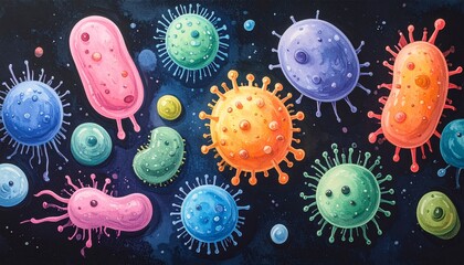 Vibrant Microscopic Organisms An Artistic Illustration Showcasing Diverse Colorful Bacteria, Viruses, and Germs in a Scientific Context