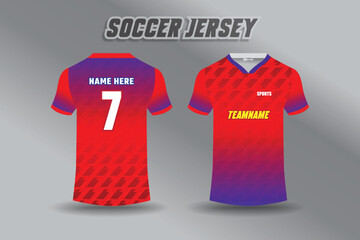 Soccer jersey design template with red and purple gradient and geometric pattern