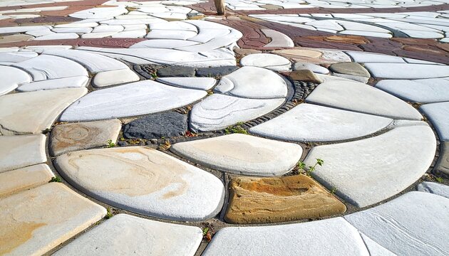 Close-up of intricate stone paving with a spiral design