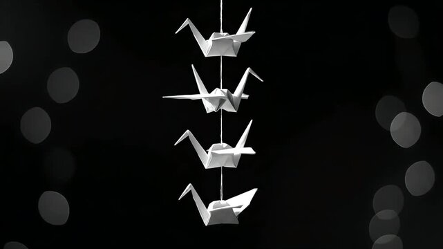 Four white origami paper cranes hanging in a vertical line against a dark background with bokeh lights.
