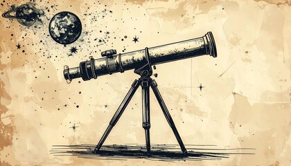 Vintage hand-drawn telescope gazing at celestial wonders, exploring the mysteries of the universe in a stylized scientific illustration