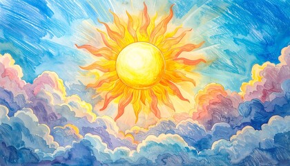 Vibrant celestial watercolor painting depicting a radiant golden sun shining brightly through a serene sky adorned with soft, ethereal clouds in various hues