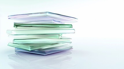 A stack of clear, rectangular glass petri dishes, with subtle green and purple hues, arranged on a reflective white surface. The lighting is soft and diffused,