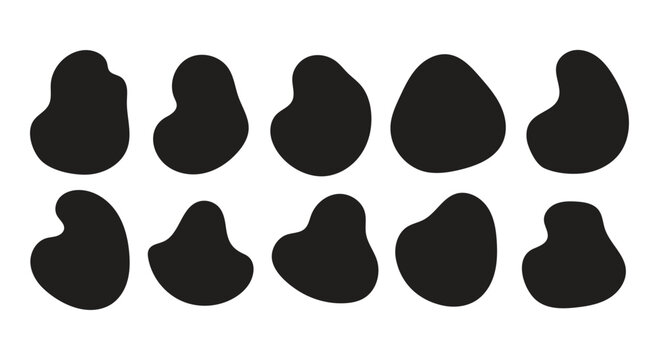 Abstract fluid blob and soft organic round shape set featuring curved wavy outlines, bubble oval doodle elements, colourful irregular forms, smooth pattern textures, geometric decorative backgrounds