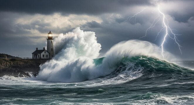Dramatic waves crash against a lighthouse as lightning strikes during a powerful coastal storm