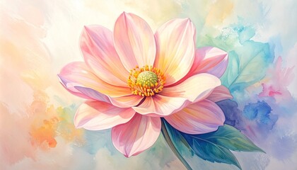 Vibrant pastel pink flower with delicate petals and a yellow center, set against a soft, dreamy watercolor background, portraying natural beauty and peaceful serenity