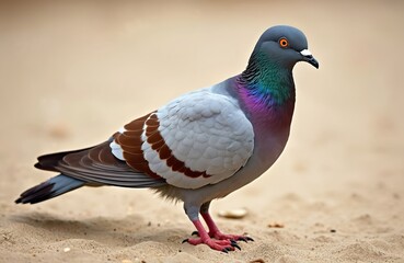 Common pigeon Columba livia stands on sand showing iridescent neck feathers. Close up portrait of rock dove bird with orange eye and dark beak. Ornithology subject.