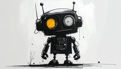 Hand-drawn black robot illustration with stylized yellow eye, visible wires, and antennas, embodying artificial intelligence
