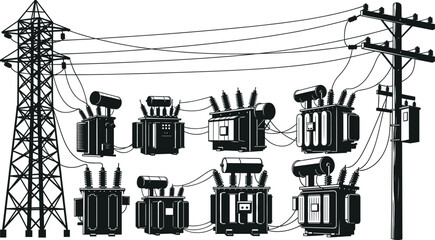 Electrical distribution system with transmission tower, multiple transformers, utility pole, power lines, infrastructure equipment, energy grid illustration, electricity supply network, flat vector