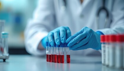 Lab staff holds blood test tubes. Medical worker prepares sample. Research specialist works with analysis in laboratory. Clinical diagnostic procedures include blood exam for disease. New method of